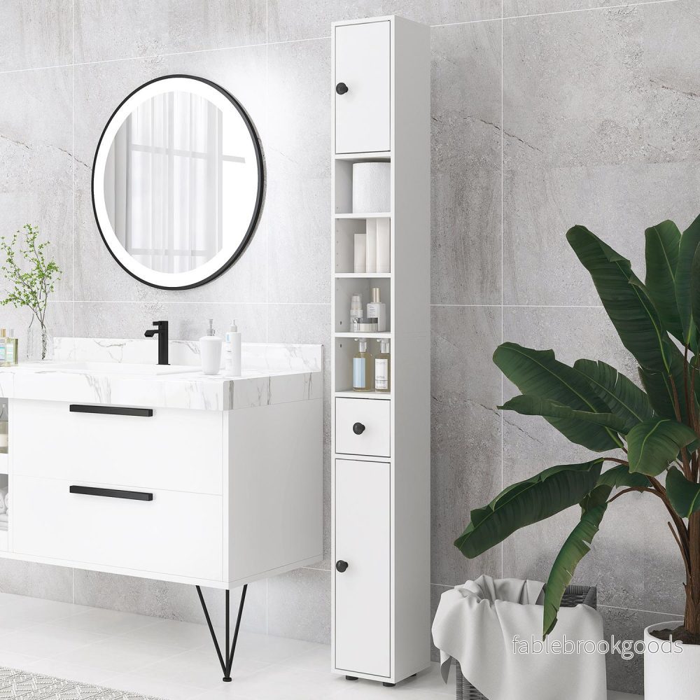Badrumsskåp, 4 hyllplan, låda, spånskiva, slimmad design, vit - Bild 2