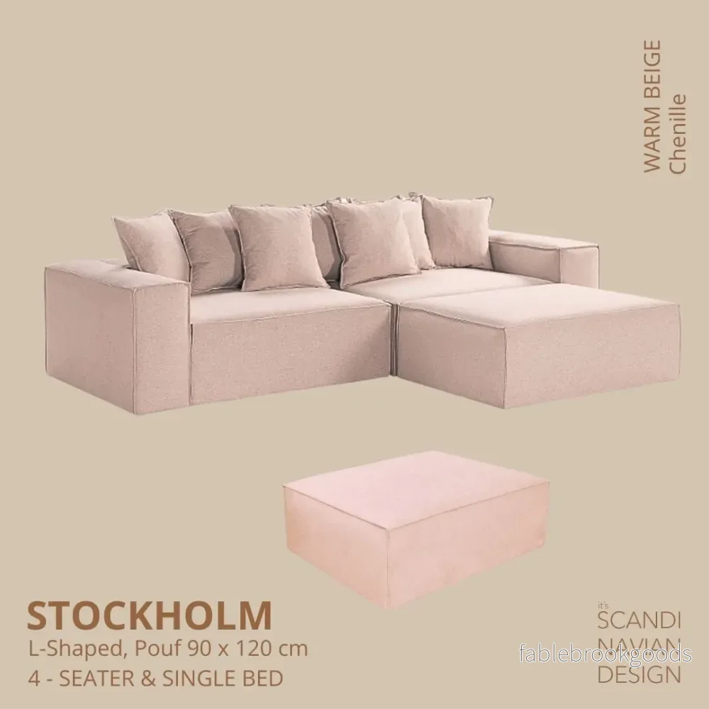 Stockholm L- Shaped sofa/single bed  Chenille Warm Beige removable & washable cover