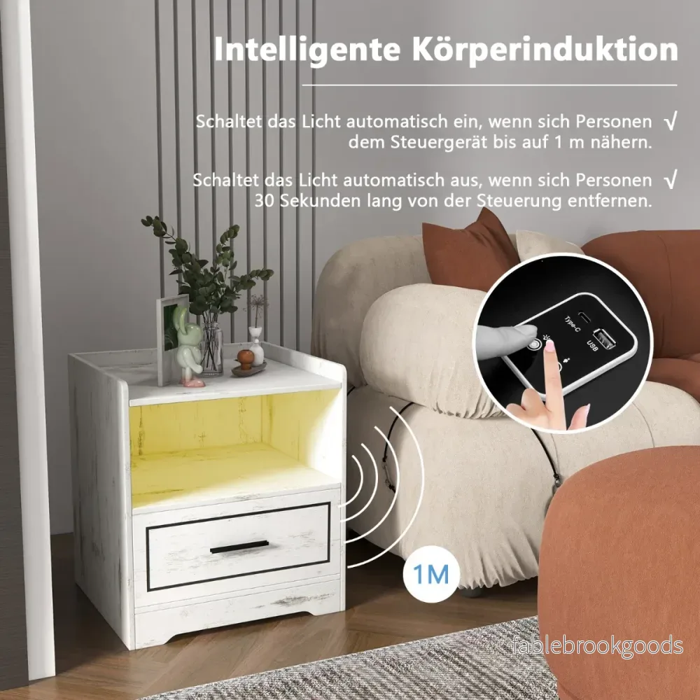 Set – med sängbord LED ljus, USB port och typ C laddstation, nattduksbord rörelsesensor – 2 – Vit - Bild 3