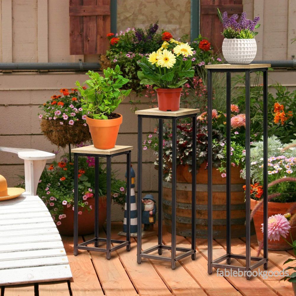 Plantställningsset i stål – 3-delad blomkrukhållare, svart & naturlig - Bild 2