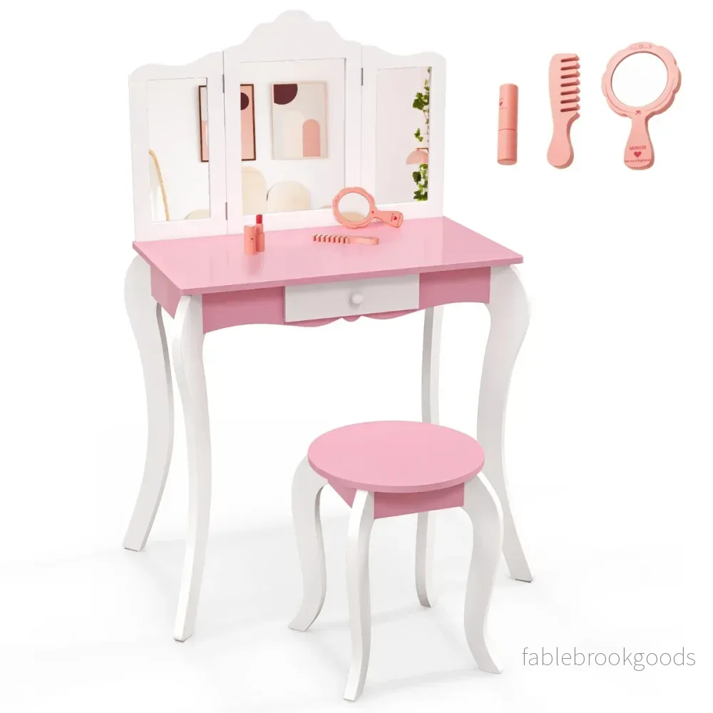 i – sminkbord för barn med pall och vägs avtagbar spegel – 2 1 3 – Rosa