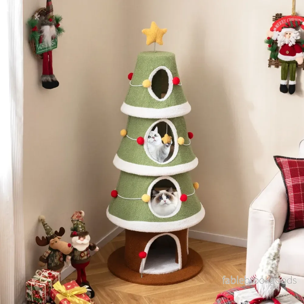 Julklappskratzbaum – med mysiga grottor och sisalmatta Kattklättertorn – 4 154 cm – Färgglad - Bild 3