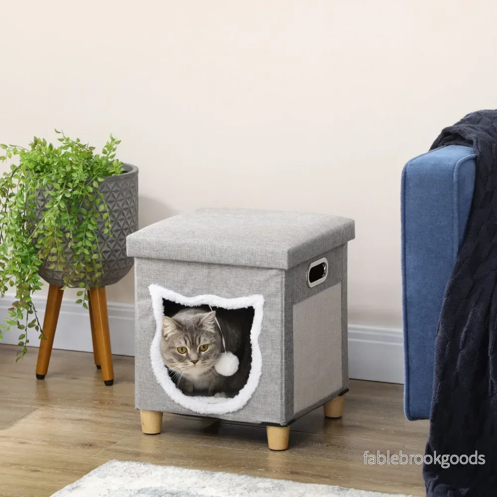 Cat Cave Ottoman med kudde och skrapboll, Anti-Slip Grå - Bild 2