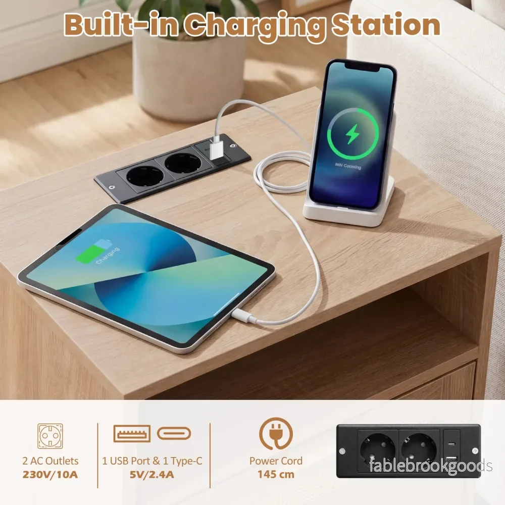 pack – nattduksbord med laddstation och LED lampor Nattkommod av trä lådor Sido rottingutseende – 2 2 – Natur - Bild 3
