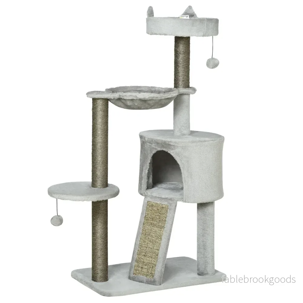 Kattskrapträd med grotta & sisal, 113 cm, ljusgrå