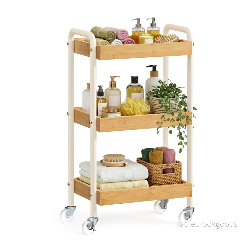 Rolwagen - 27,5 x 41,3 x 73 cm - Stalen frame - Natuurlijk beige - Maximale belasting per plank: 10 kg