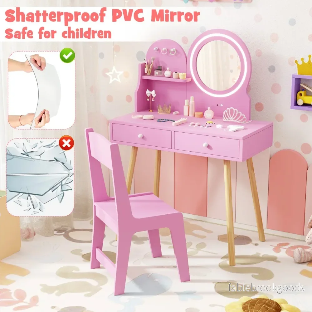 Sminkbordsset – för barn med upplyst spegel Kosmetikbord och stolset prinsessmotiv – Rosa - Bild 3