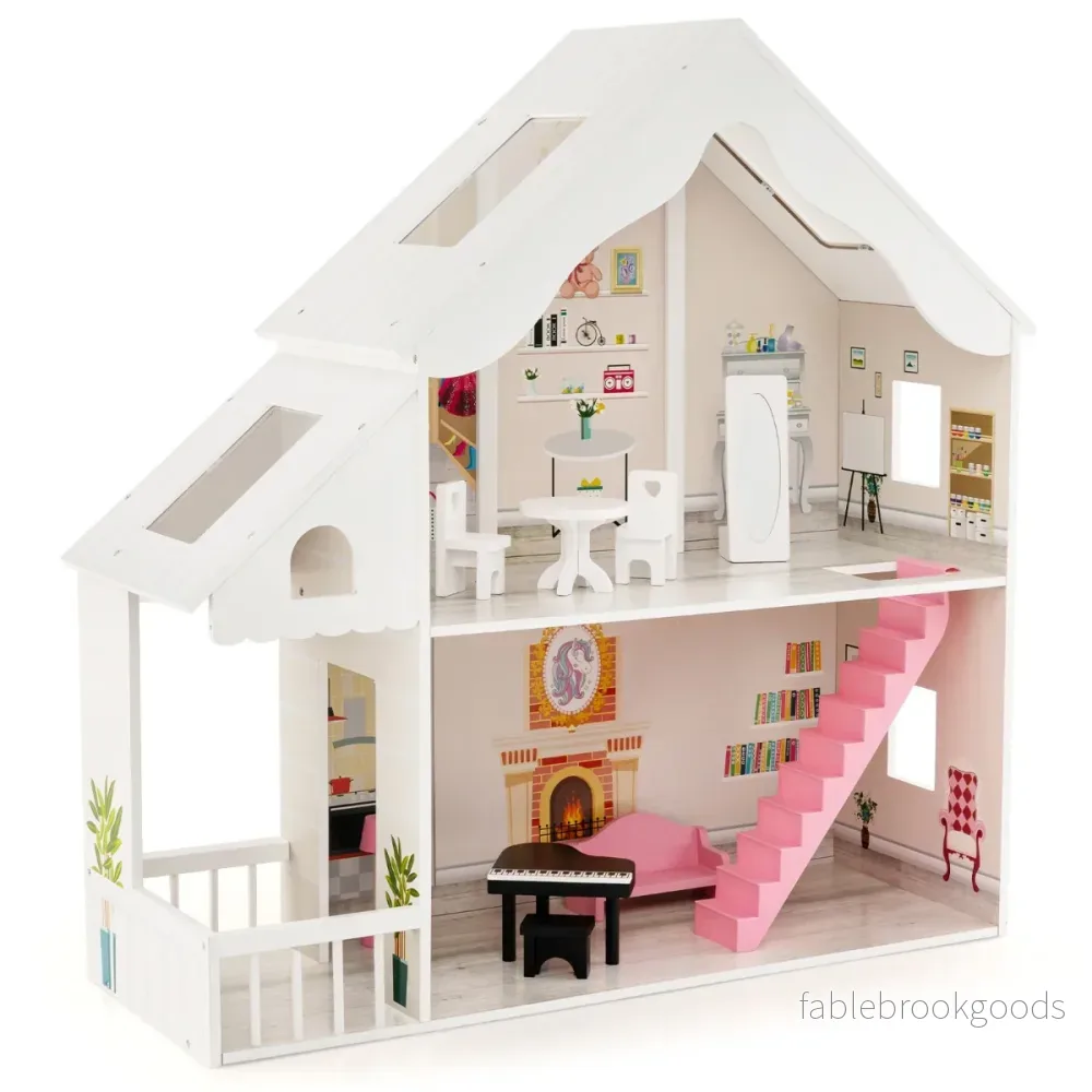 Dockhus – Trä vånings med tillbehör och möbler – 2 81 x 30 x 86 cm – Vit - Bild 2