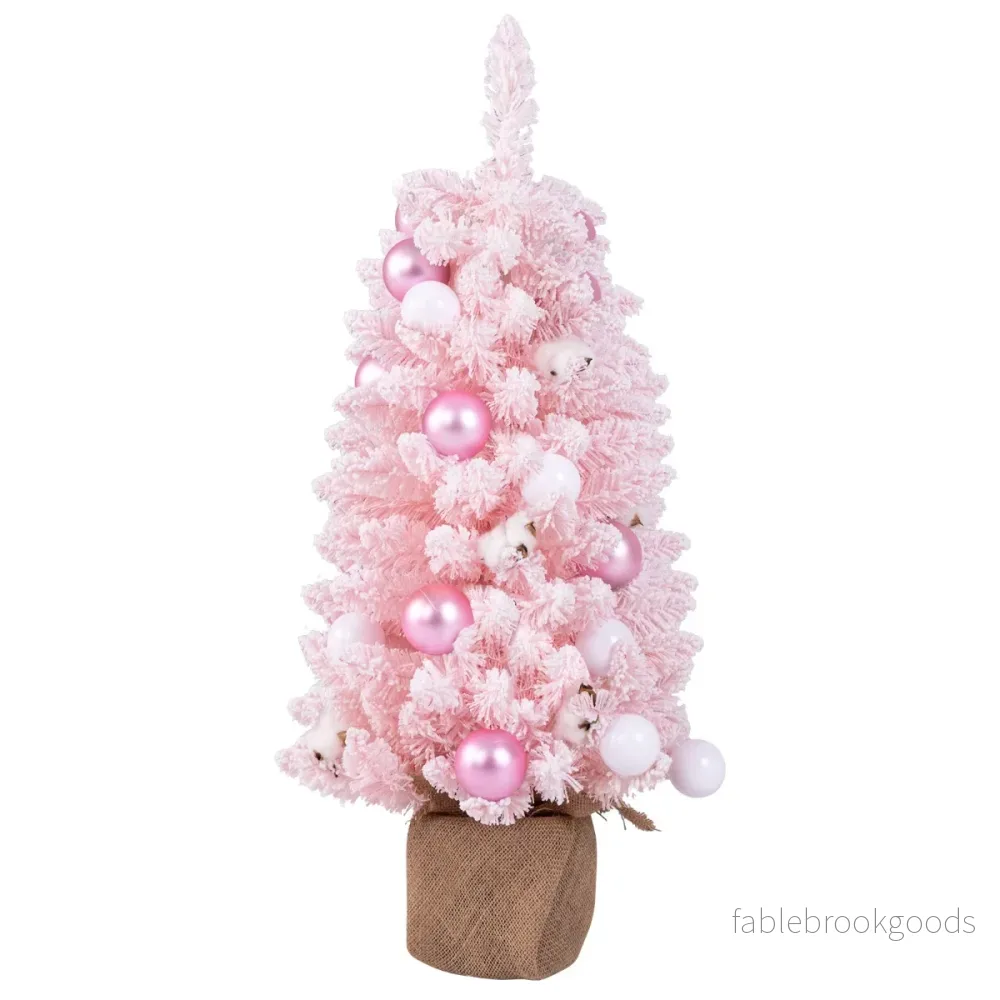 Mini – konstgjord julgran med snö och cementbas – 90 cm – Rosa