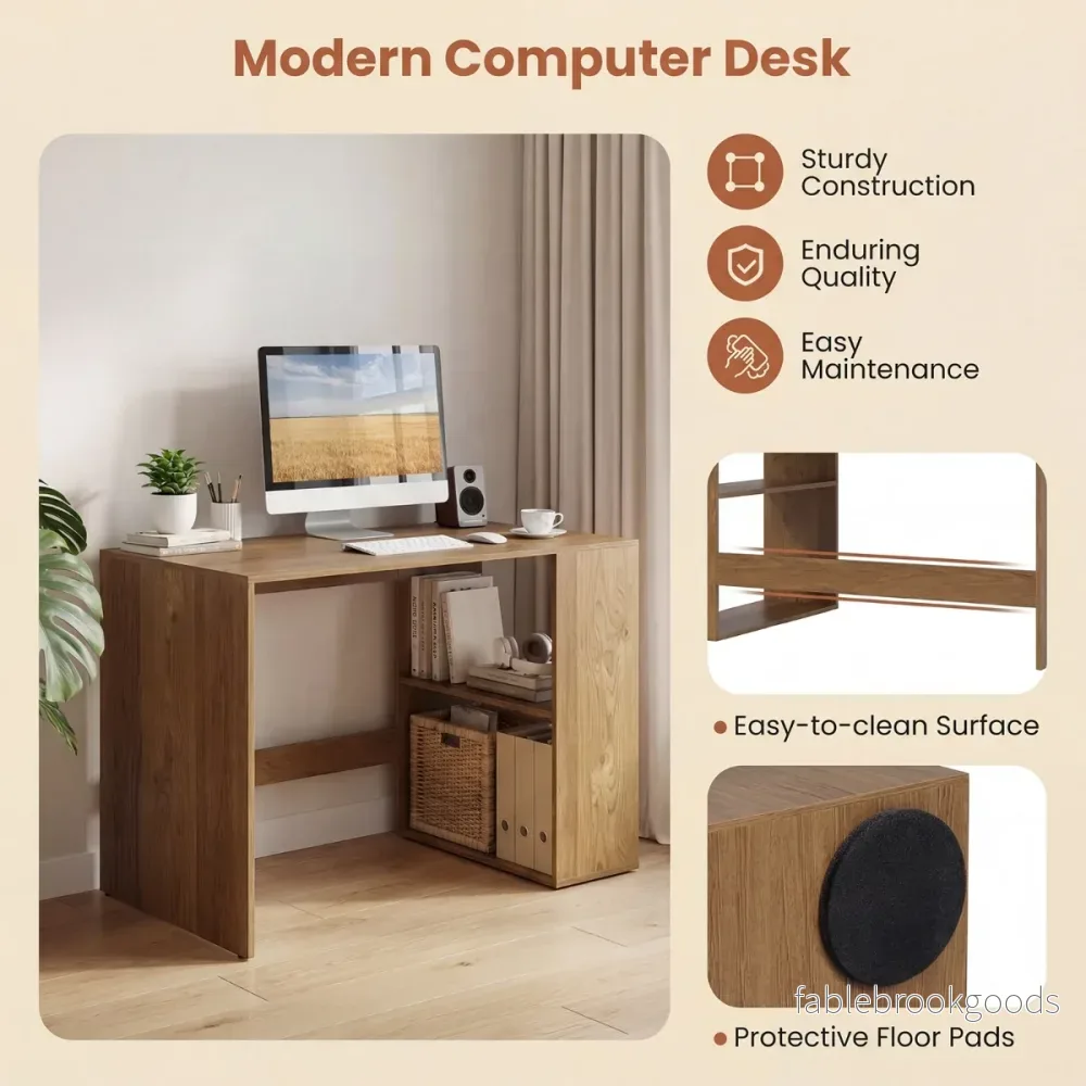 Skrivbord – med förvaringsutrymme och Öppna Sidohyllor Platseffektiv Datortisch PC Naturlig – 2 – Natur - Bild 3