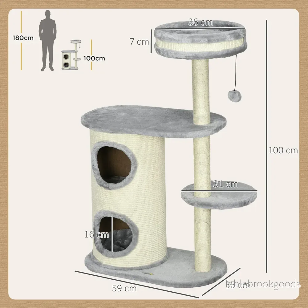 Cat Scratching Tower: 2 grottor, repstolpar, plysch, grå - Bild 3