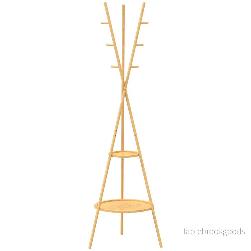 Fristående klädhängare i bambu, 9 krokar, 2 hyllor, naturfärgad