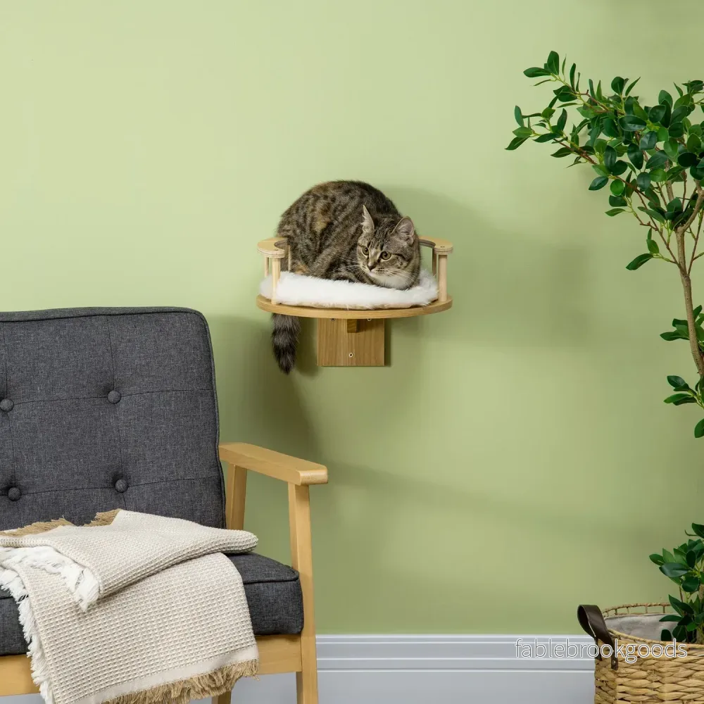 Vägghängd kattsäng med dyna, ek & kräm - Bild 2