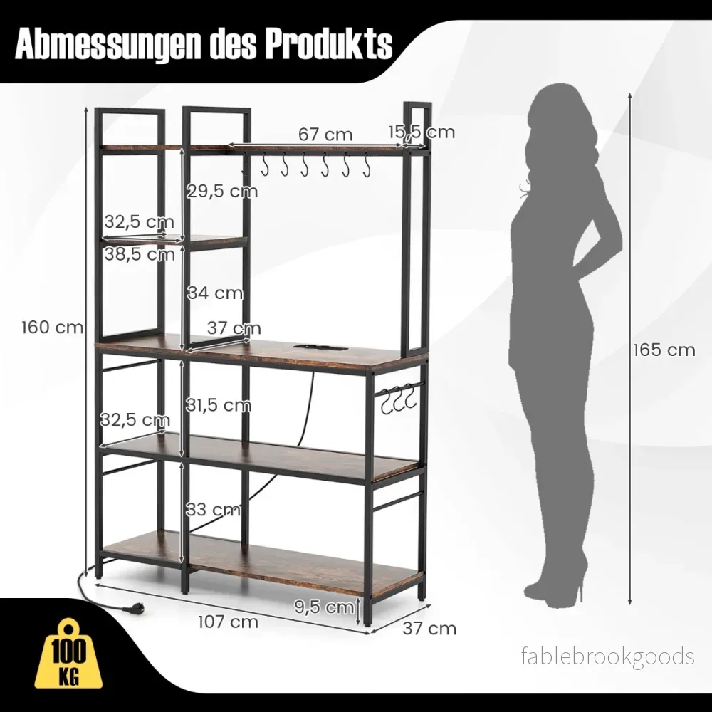 Kökshylla – Ståhylla med uttag våningar Mikrovågsugn hyllor Rustikbrun – 5 107 x 37 x 160 cm – Rustik brun - Bild 2