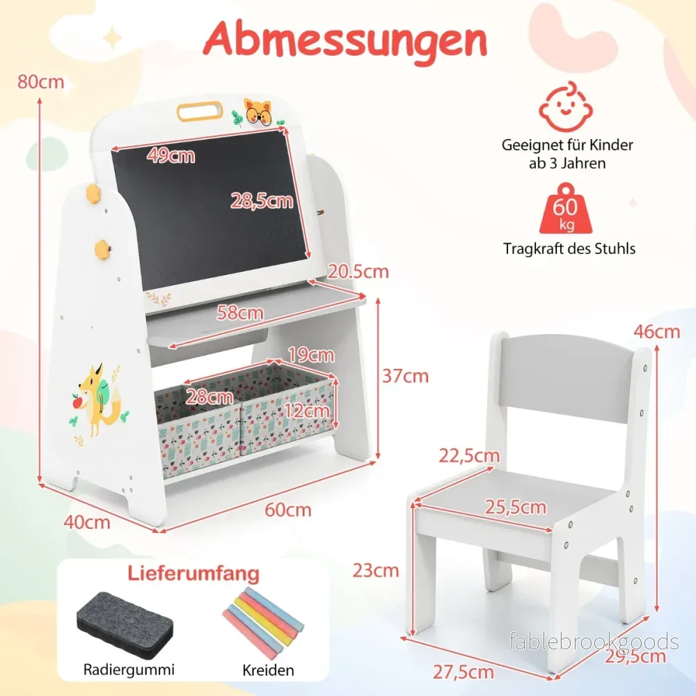 Barnstaffli – med stol, barnbord bokhylla och magnetisk griffeltavla vit – Grå - Bild 2