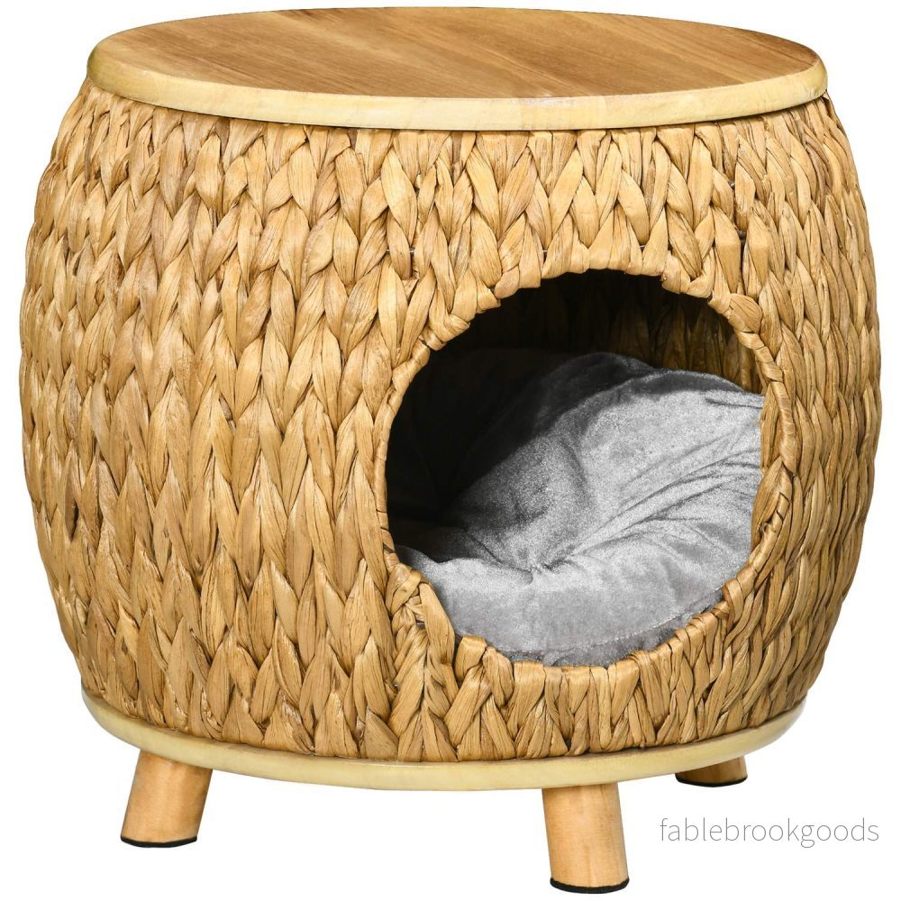 Rattan Cat Cave & Bed – 2-i-1 med kudde, 44x43x42cm