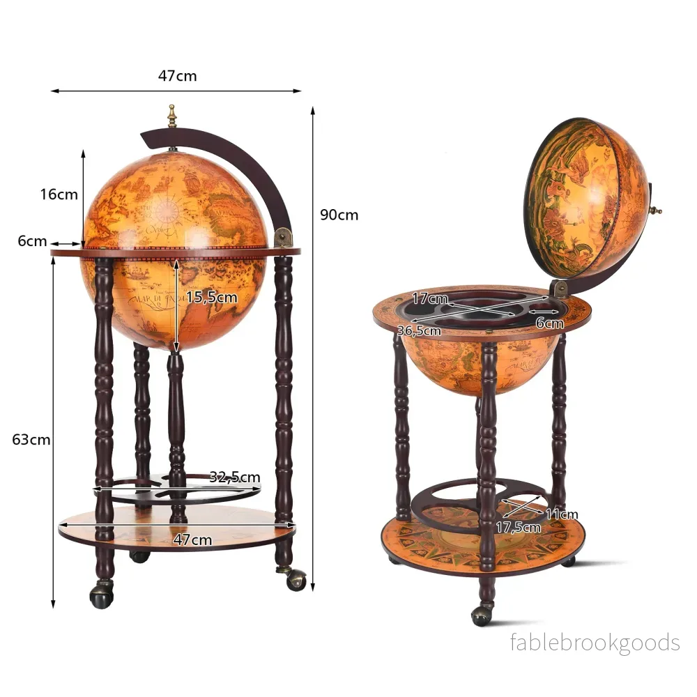 Rolling – Globus vinstativ bar på hjul för vin – 47 x 47 x 90 cm – Brun - Bild 2
