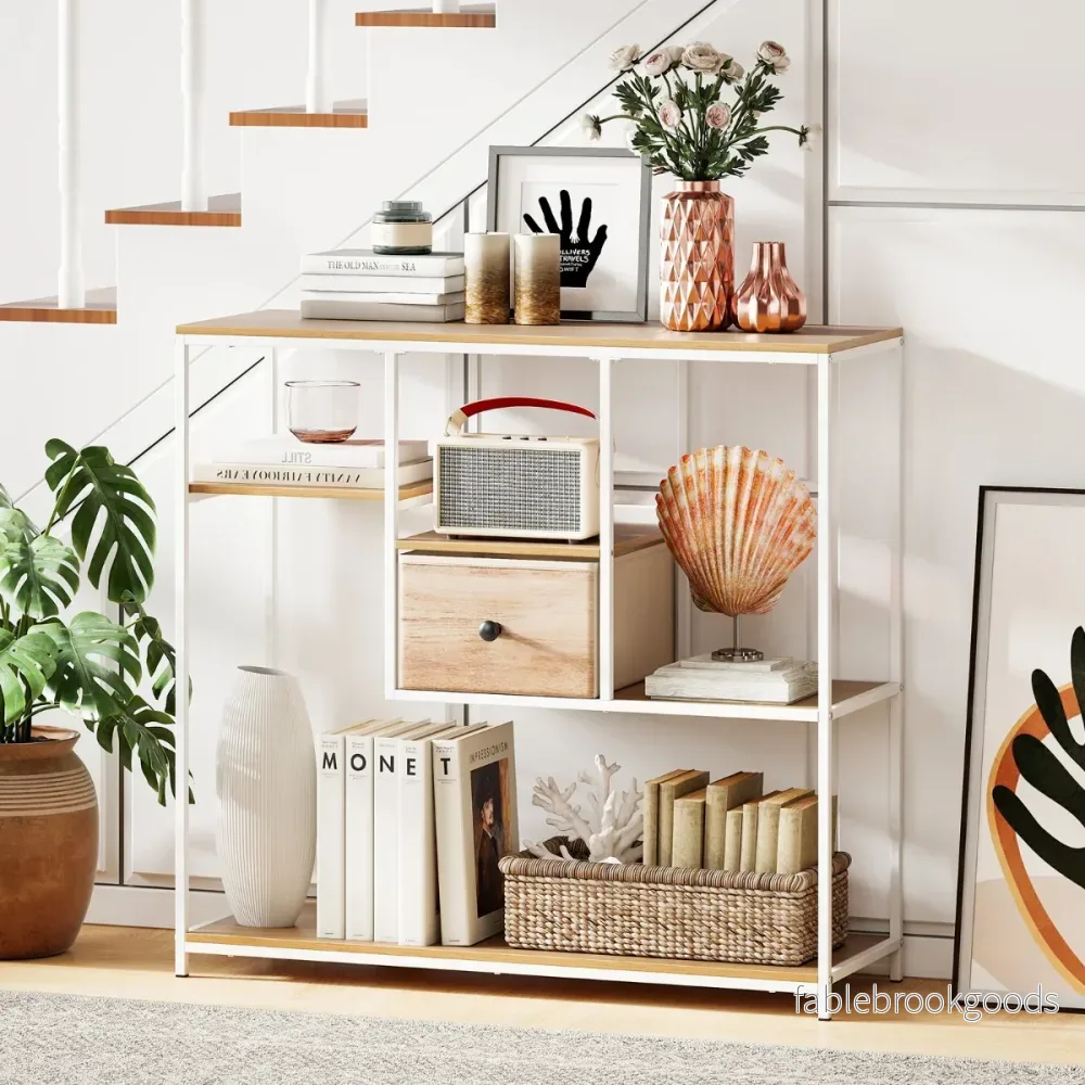Konsolbord – med förvaringsutrymme Industriellt sidobord filttygslåda och hyllor – Natur + vit - Bild 3