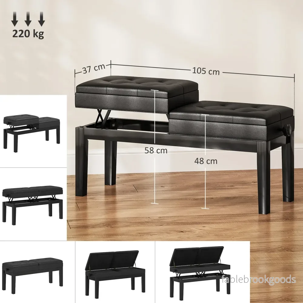 Höjdjusterbar pianobänk, förvaring, svart konstläder - Bild 3