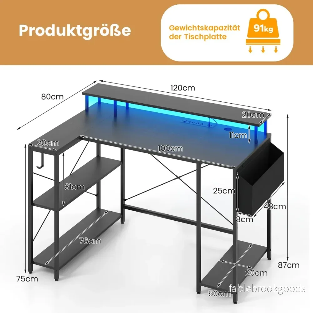 L – format skrivbord med uttag och LED belysning speldatorbord – Svart - Bild 2
