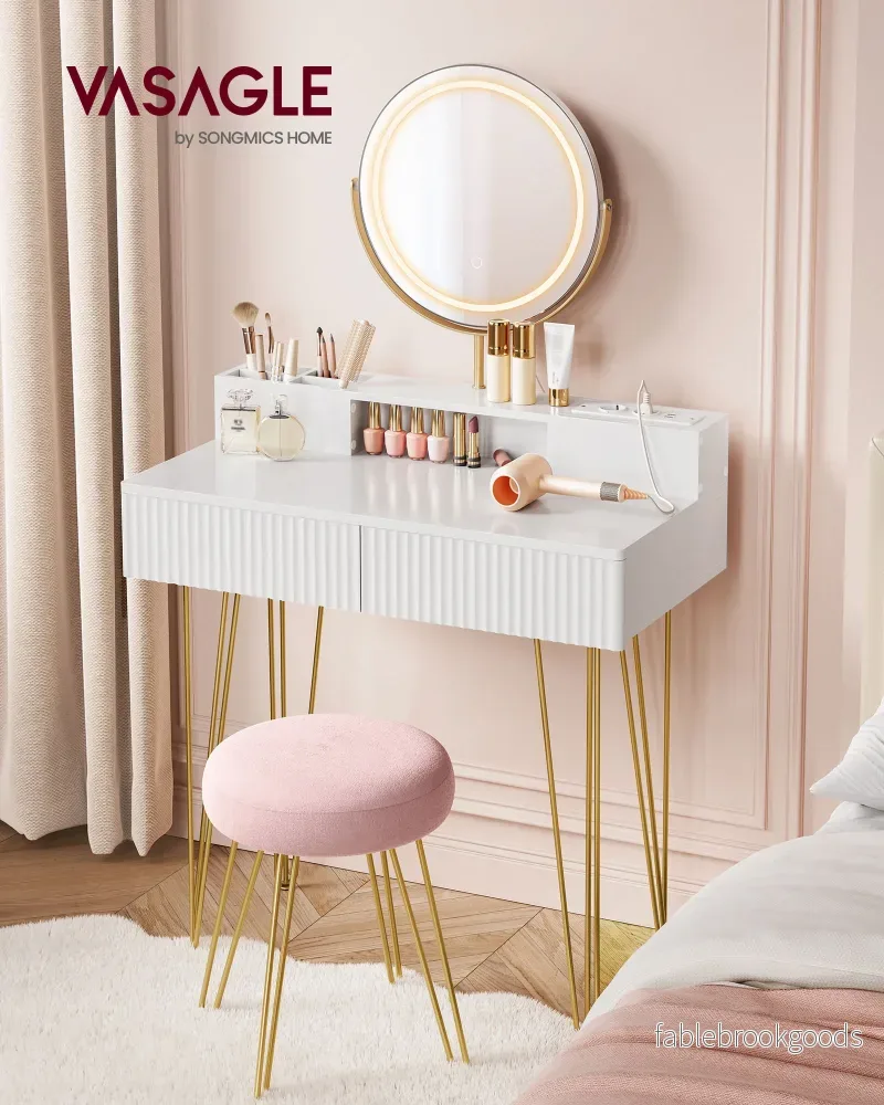 Sminkbord med belysning och pall – Matt vitguld - Bild 2