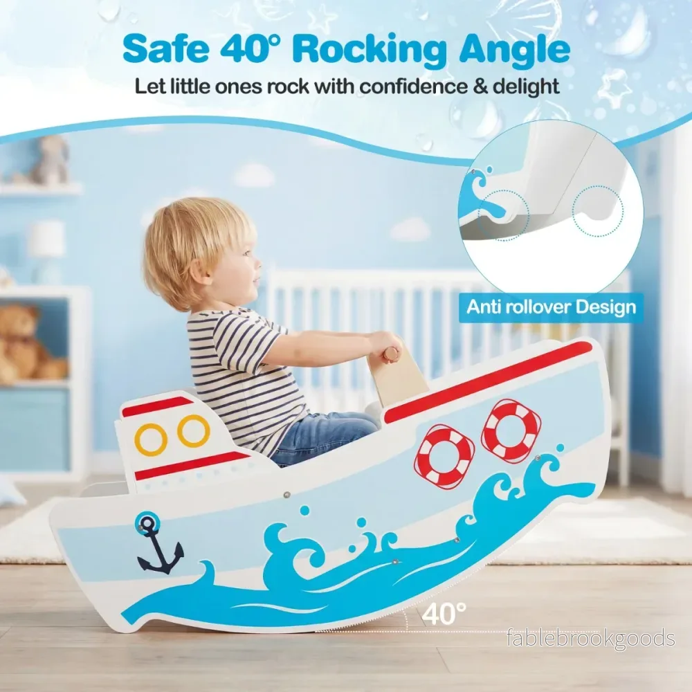 Trägungbåt – med 40° gungområde och nautisk design ryggstöd Gånghäst – Blå och vit - Bild 3