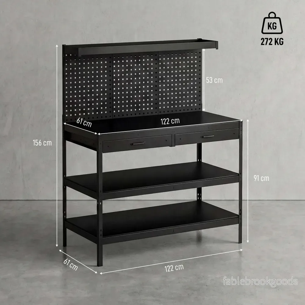 Justerbar arbetsbänk med hylsplatta och hyllplan, svart, 122x61x156 cm - Bild 3