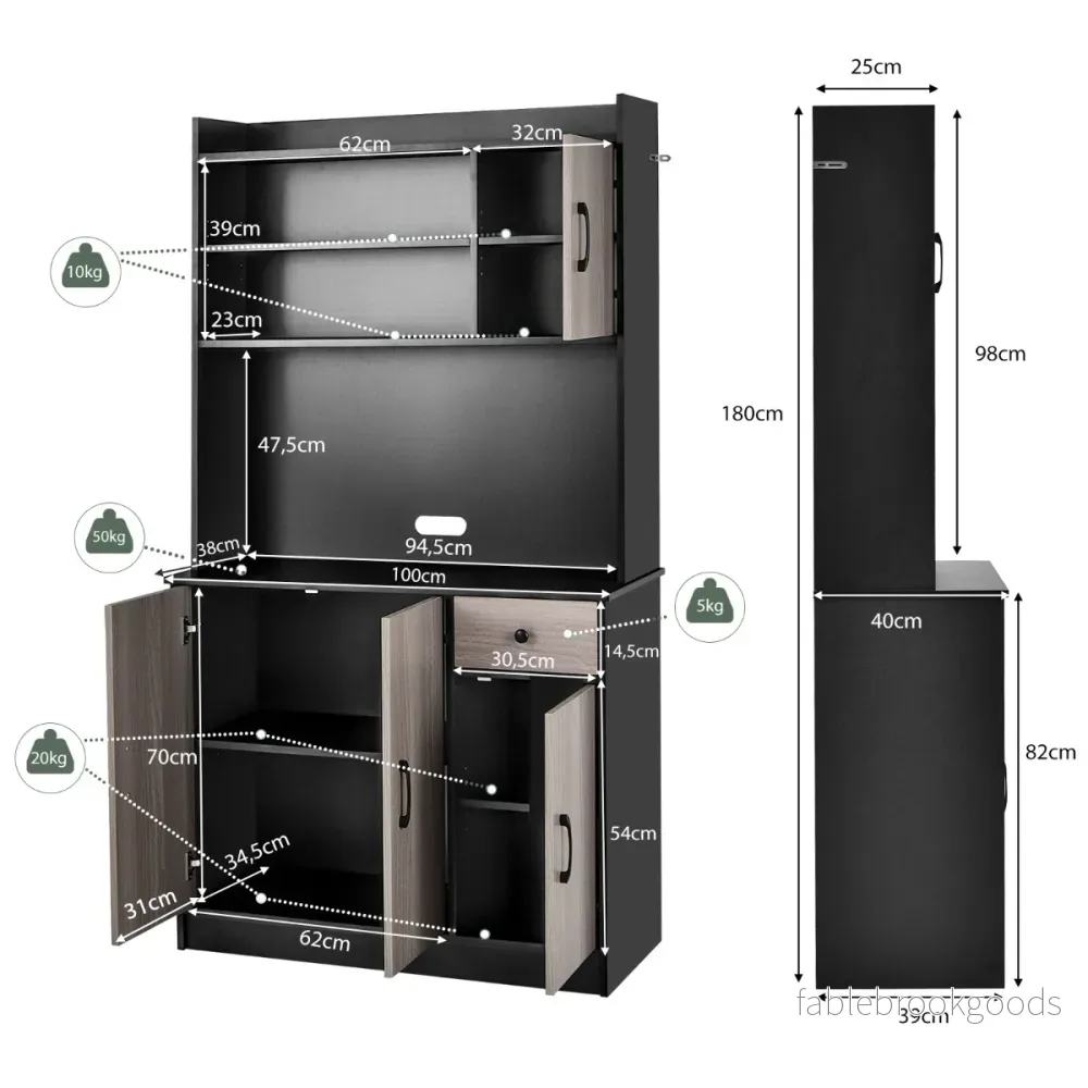 Köksskåp – med Laddstation och Bänkskiva Lådbuffé Skänk – 180 cm – Svart - Bild 3