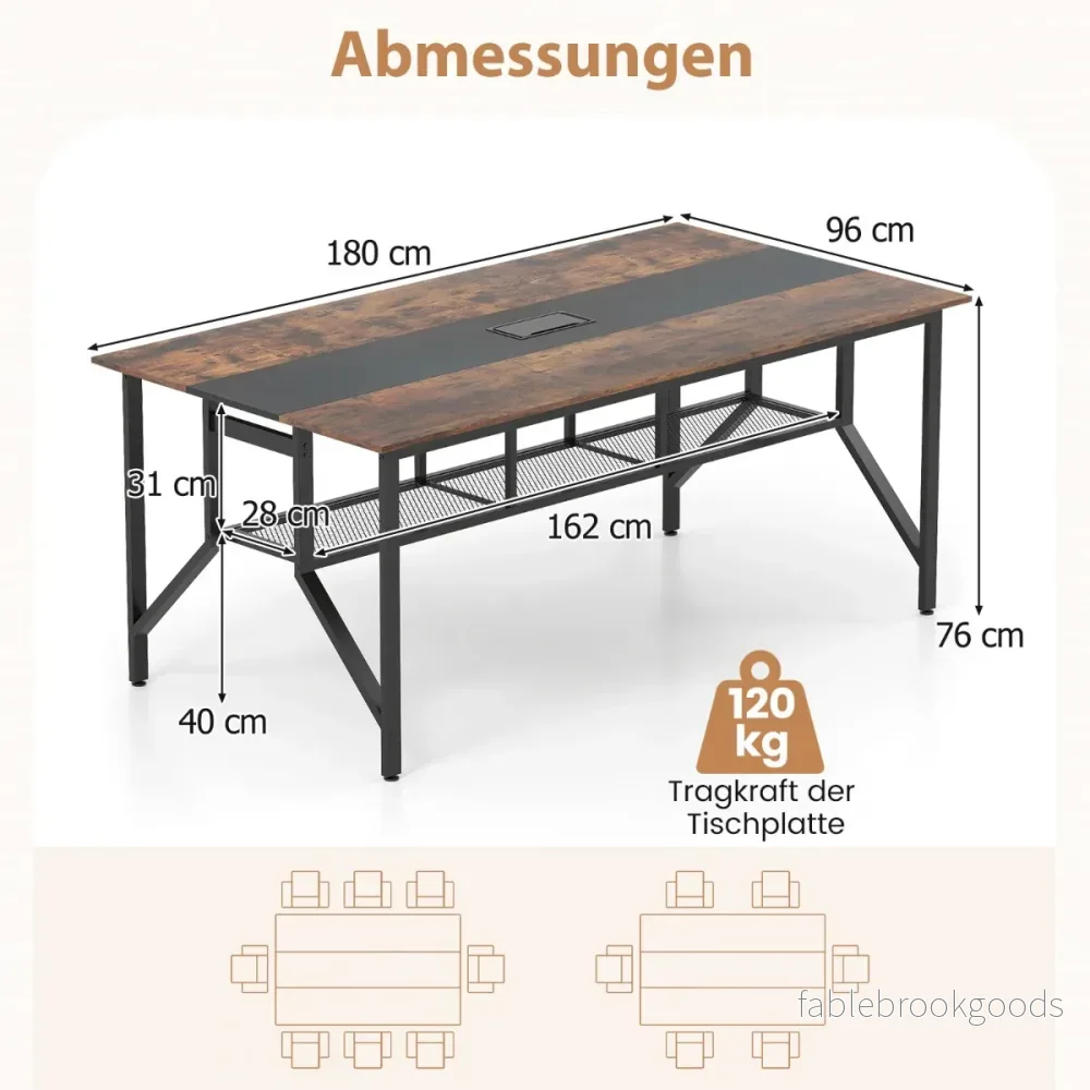 Konferensbord, – rektangulärt mötesbord med förvaringsfack i nät och kabeldragning, rustikt brunt – 180 cm – Rustik brun - Bild 2