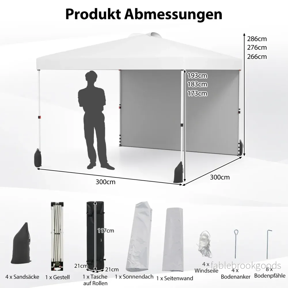 Pop – up paviljong med sidovägg bärbar inkl. skuggskydd rullväska – 3 x 3 m – Vit - Bild 2