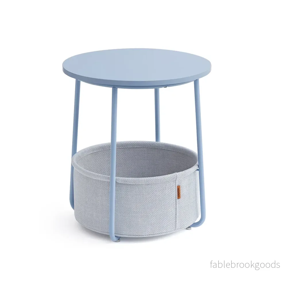 Runt sidobord – Med tygkorg – Stålstomme – Blå