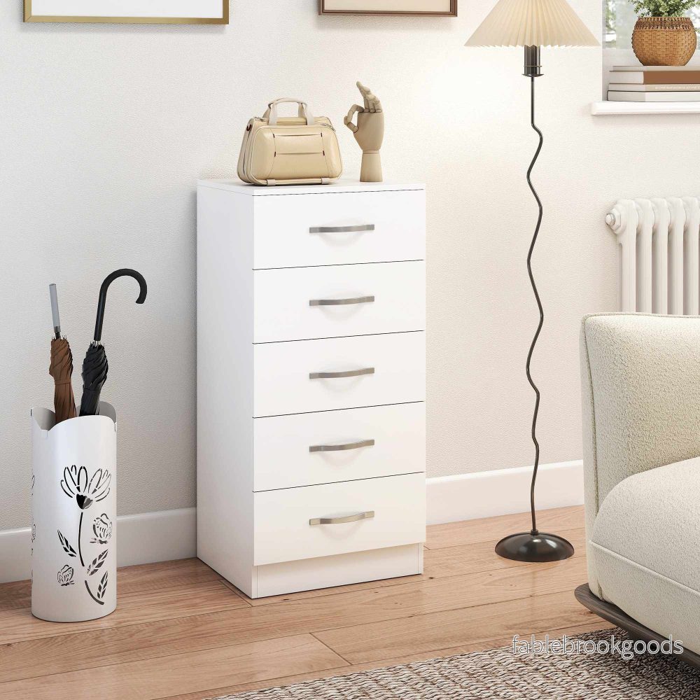 Vit byrå med 5 lådor, spånskiva, platsbesparande design - Bild 2