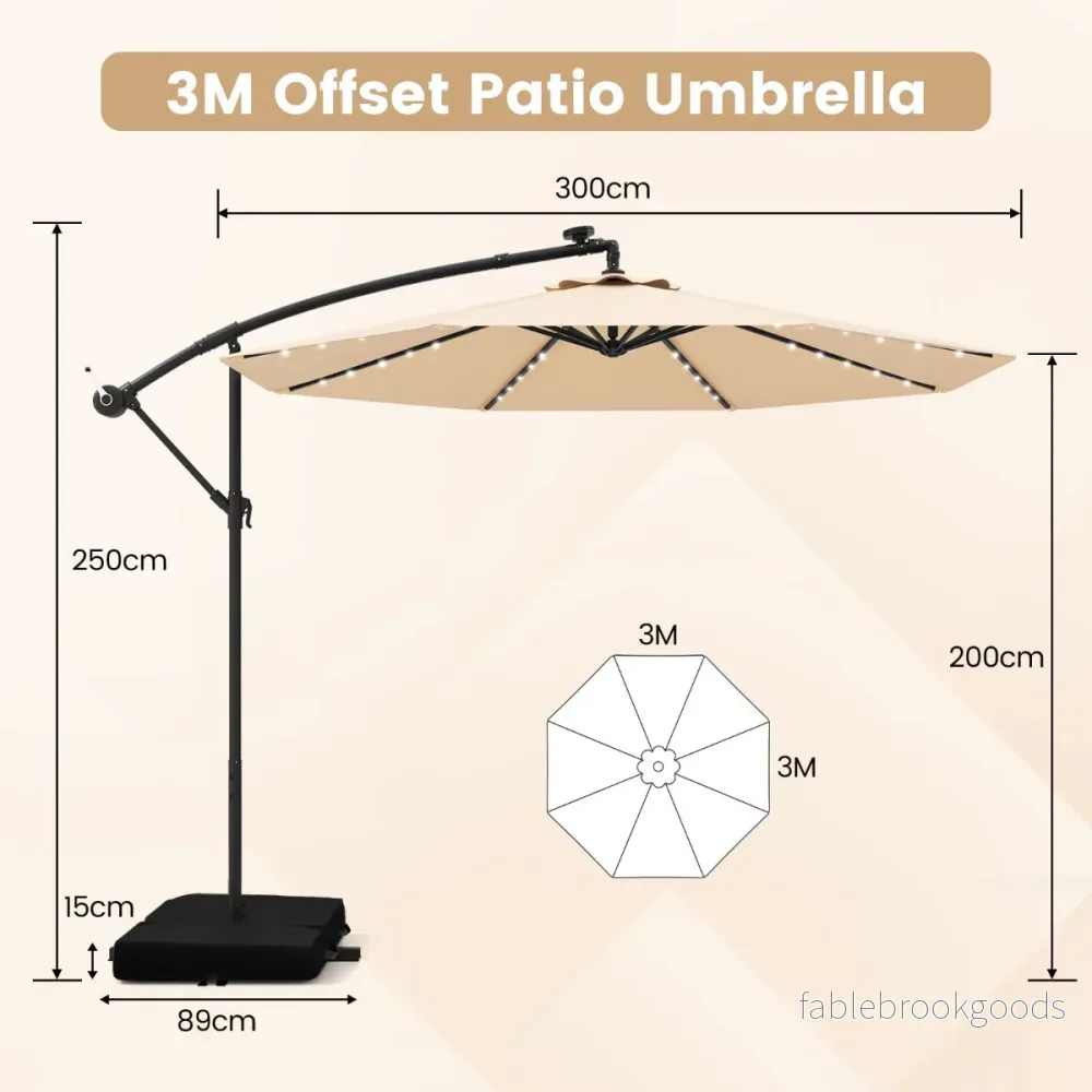Fribärande – parasoll med solar LED lampor och sandsäckar vev UV skydd – 40 Ø 300 cm – Beige - Bild 3
