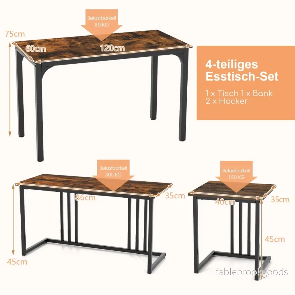 Matbord – med bänk och pallar set om köksbord industriell matgrupp för kök – 2 4 120 x 60 x 75 cm – Brun - Bild 2