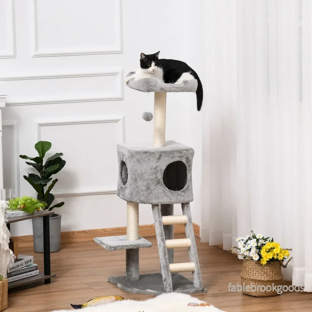 Kattträd på flera nivåer med skrapstolpe och stege, ljusgrå - Bild 2