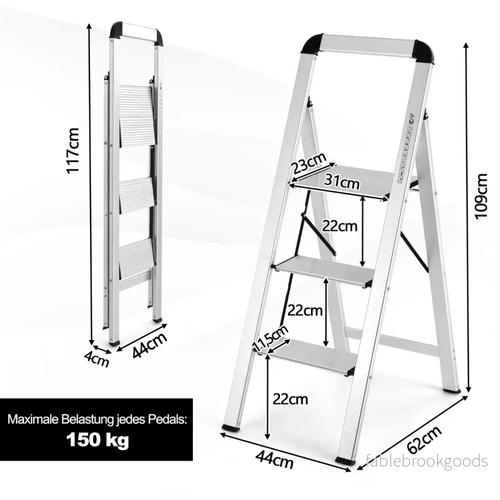 Trappstege – med Fällbar stegpall av aluminium halkfria – 3 62 x 44 x 109 cm – Silver - Bild 2
