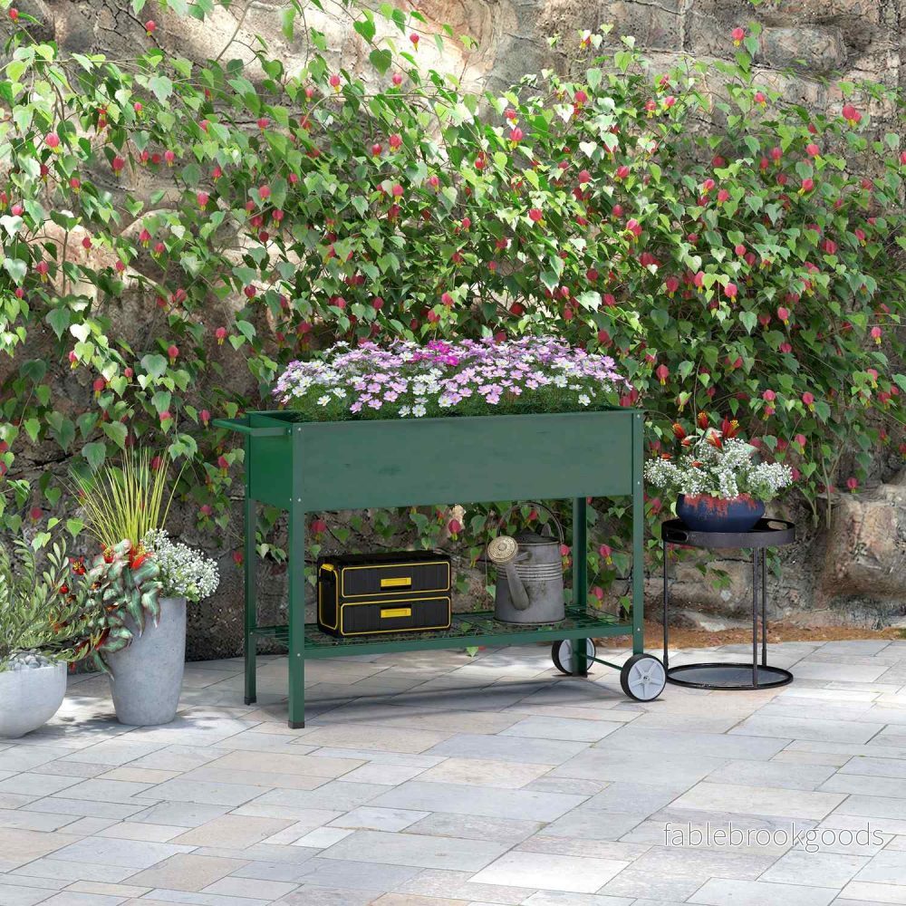 Upphöjd trädgårdssäng i metall med hjul och hylla, 109x44x80 cm - Bild 2