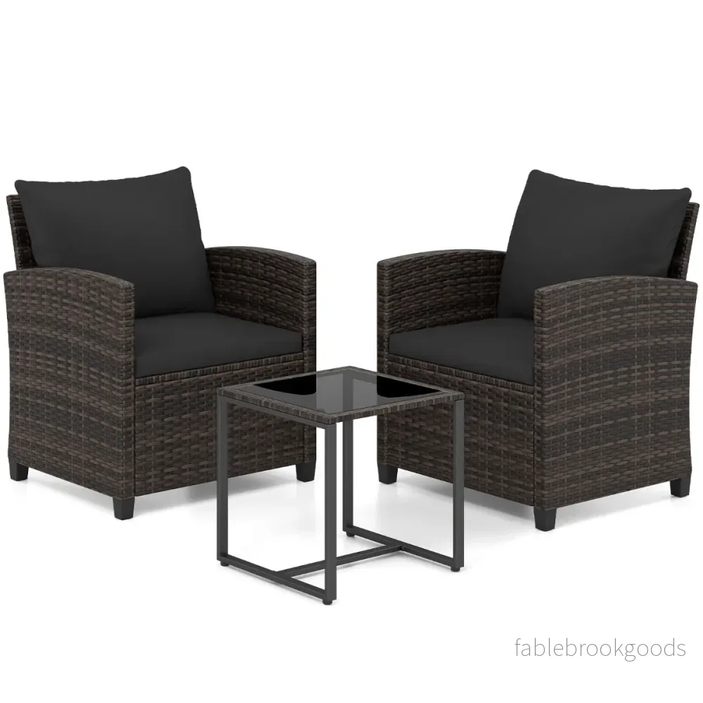 Rattan – Balkongset Inkl. Stolar Med Kudde och Bord I GlasUtomhus Sittinggrupp Balkongmöbler – 2 – Svart