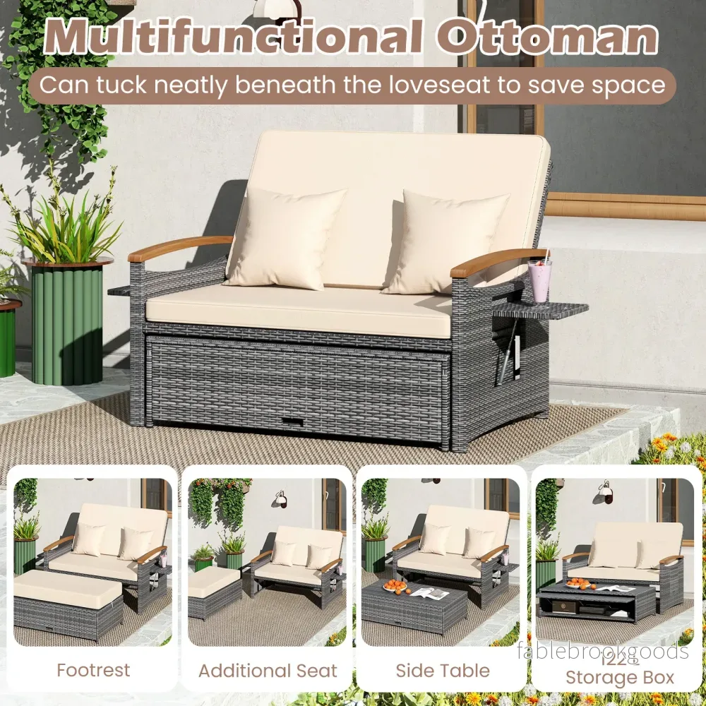 Rattan – trädgårdsbänk för utomhusbruk sits balkmöbler och ottoman med förvaring vägs justerbart ryggstöd – 2 4 – Beige - Bild 3