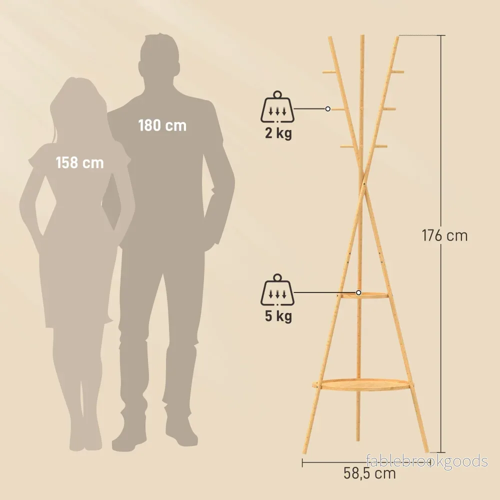 Fristående klädhängare i bambu, 9 krokar, 2 hyllor, naturfärgad - Bild 3