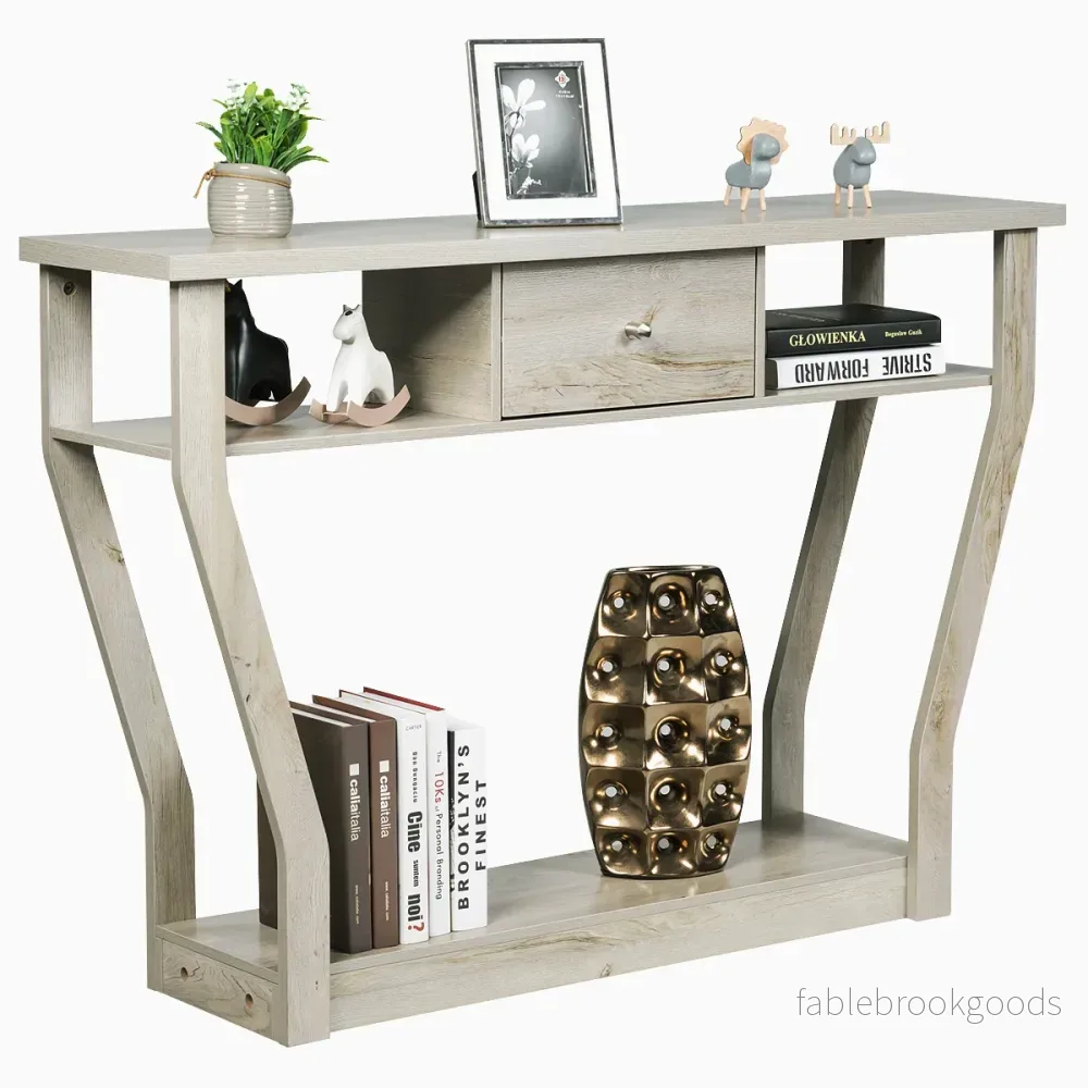 Träkonsolbord – med låda och hylla Entrébord Sidobord – 120 x 30 x 81 cm – Grå