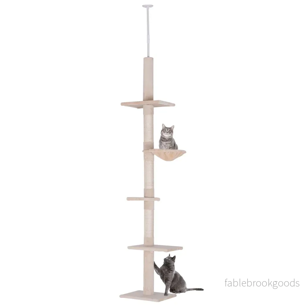 Justerbart beige katttorn med sisal för klättring, 230-260cm