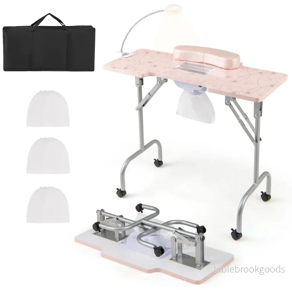 Hopfällbart – manikyrbord med elektrisk dammuppsamlare, bärbart nagelteknikerbord – Rosa