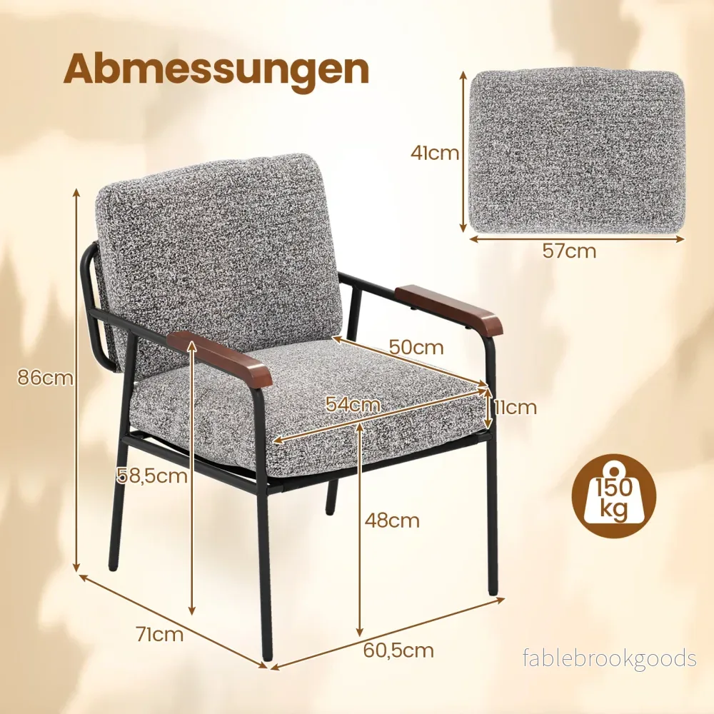 Accentstol – med ryggkudde och bred stoppad sits, vardagsrumsstol, läsfåtölj – Grå - Bild 2