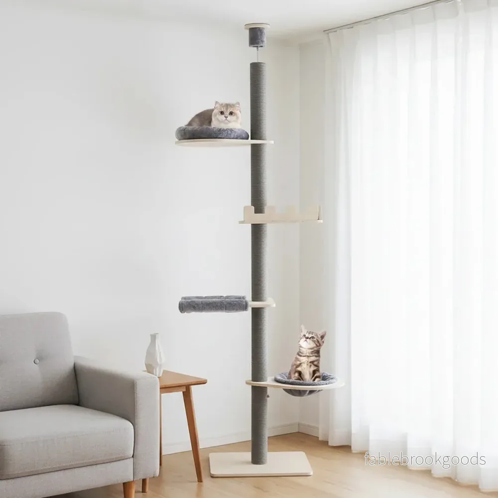 takhöjd – Kattklätterträd med hängmatta, korg och säng våningars – 236-271 cm 5 – Grå - Bild 3