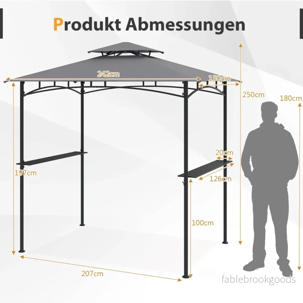 Grillpaviljong – med dubbelt tak och sidobord krokar Trädgårdspaviljong BBQ – 2 6 242 x 150 cm – Grå - Bild 2