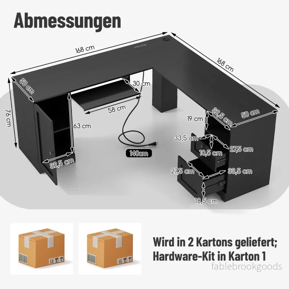 L – formad skrivbord med laddstation och tangentbordsutrymme lådor – 2 – Svart - Bild 2