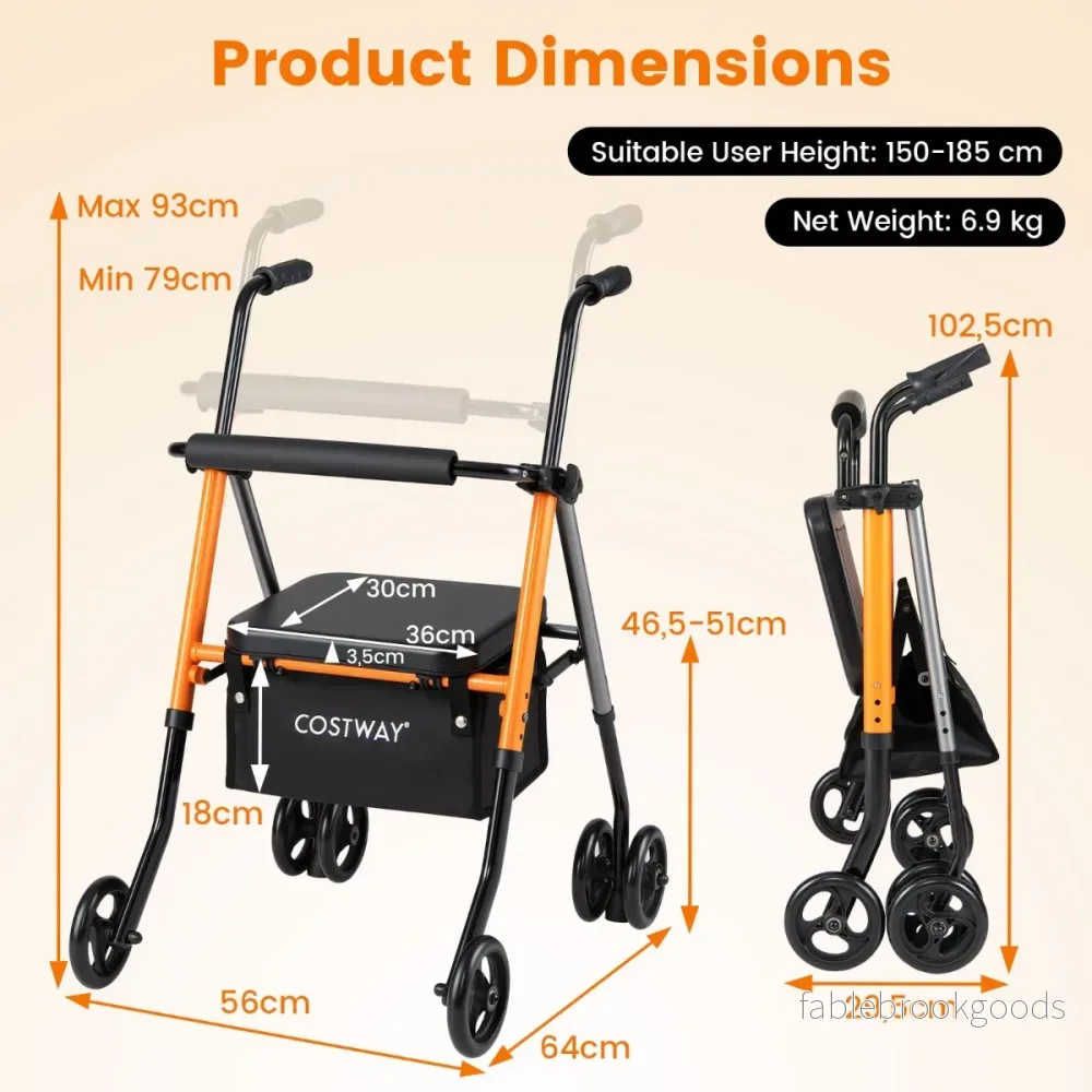 Fällbar – Resrollator Höjdjusterbar Med Sits Korg Lätt Aluminium Upp Till För Seniorer Orange + – 136 kg – Svart - Bild 2