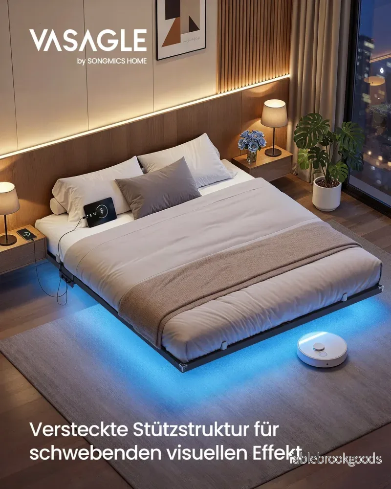 Bedframe - 160 x 200 cm - Zwevend effect - Ledverlichting - Afneembare stekkerdoos met 2 stopcontacten, 1 USB-C-poort en 2 USB-A-poorten - Inktzwart - Draagvermogen tot 500 kg - Bild 2