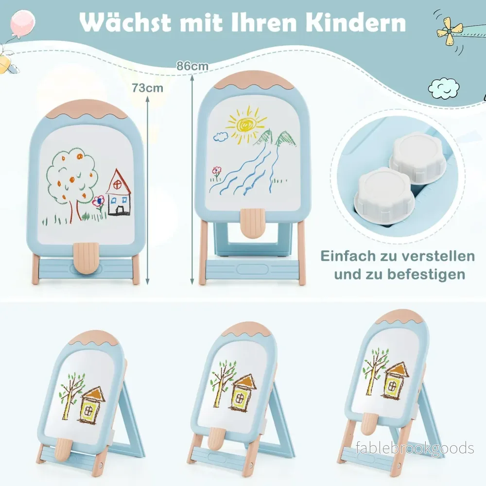 Barnstaffli – med stol, justerbart och hopfällbart barnbord whiteboard förvaringslåda – Blå - Bild 3